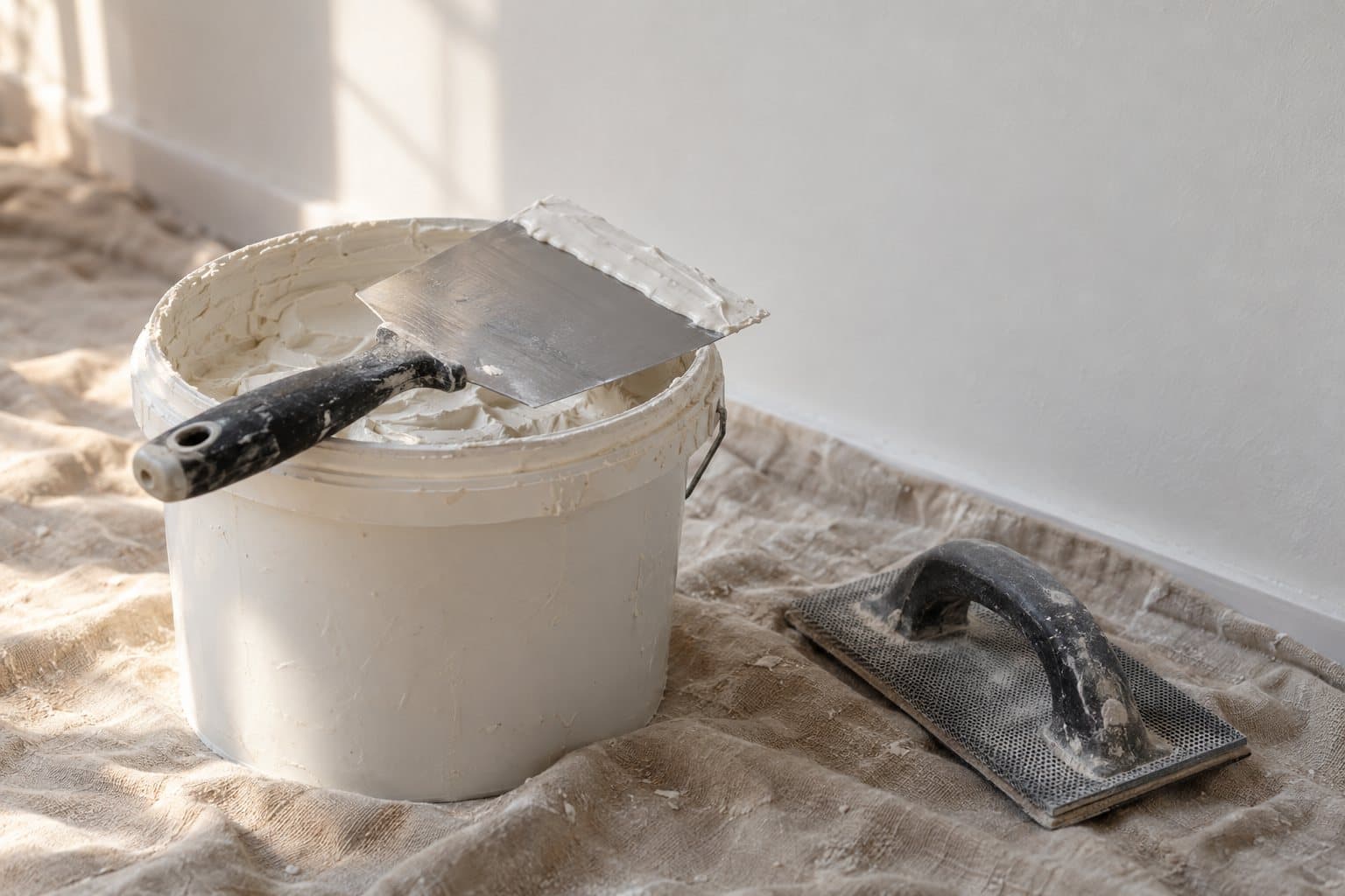 Seau d’enduit de lissage, couteau à enduire posé sur le bord et cale à poncer, au pied d’un mur lissé