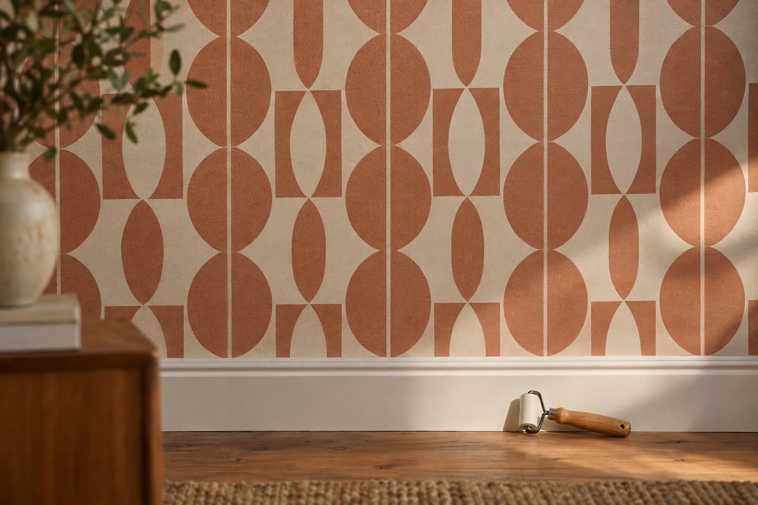 Papier peint à motif géométrique terracotta posé raccord sur raccord, roulette à joints sur la plinthe