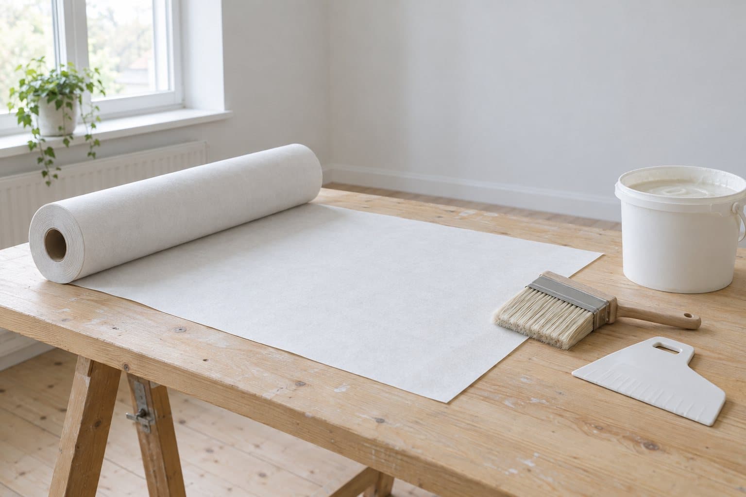 Rouleau d’intissé de rénovation déroulé sur une table d’encollage, avec brosse et lisseuse
